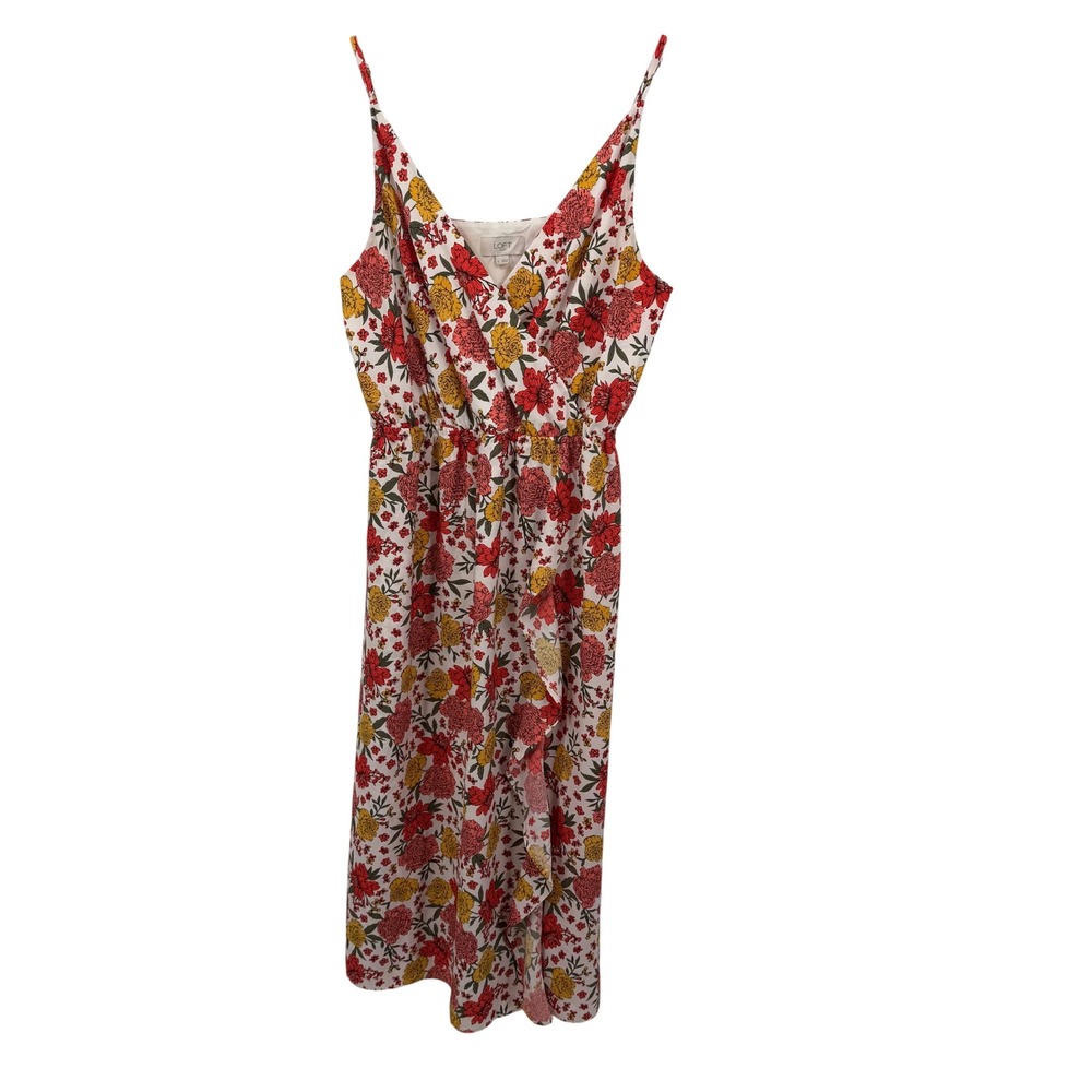 Loft Outlet Womens L Midi Dress White Floral Faux Wrap Ruffle V-Neck